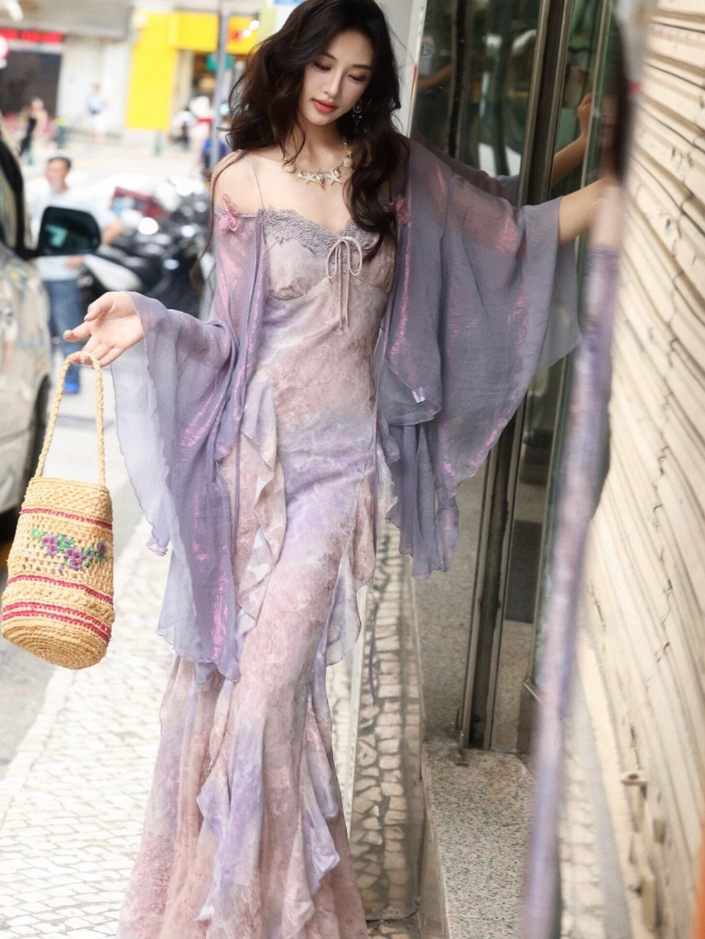 NWT Vogsion Ethereal Lavender Ruffle Slip Dress with Sheer Kimono  Set Size S